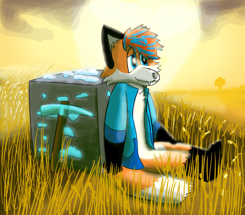 alissondafox anthro black_body black_fur blue_eyes blue_hair canid canine clothing diamond_block dustythefox featureless_crotch fox fur grass grass_field hair hi_res male mammal microsoft minecraft mojang multicolored_hair orange_body orange_fur orange_hair pickaxe_(minecraft) plant shirt sitting sun tall_grass topwear tree two_tone_hair white_body white_fur xbox_game_studios