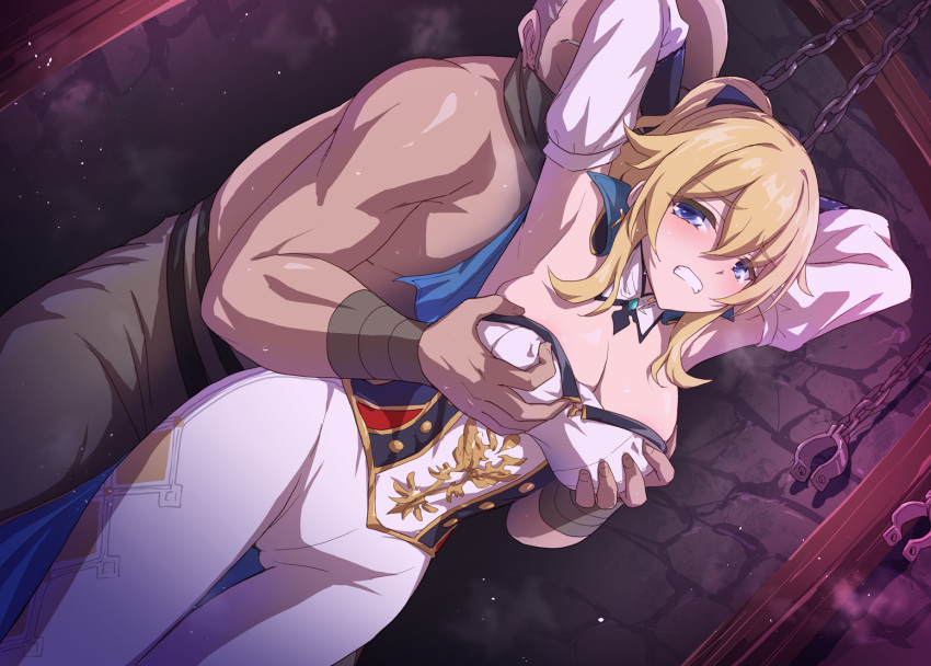 1boy 1girl armpits arms_up blonde_hair blue_capelet blue_eyes blush bow breasts capelet chain cleavage clenched_teeth cuffs genshin_impact grabbing grabbing_another's_breast hair_bow jean_(genshin_impact) large_breasts long_hair marugoshi_(54burger) pants ponytail restrained shackles sidelocks teeth thighs tight_clothes tight_pants white_pants