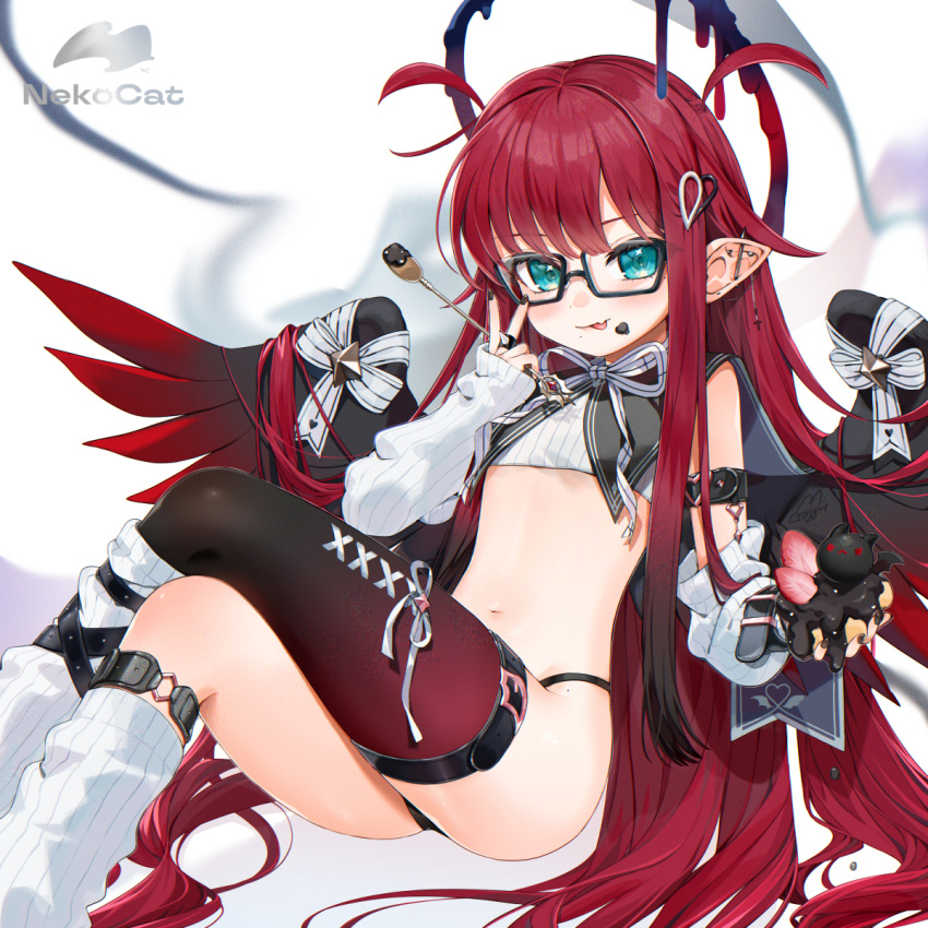1girl :p arm_warmers black-framed_eyewear black_nails black_thighhighs blush closed_mouth crop_top crossed_legs ear_piercing fallen_angel food fruit glasses gotou_(nekocat) gradient_wings green_eyes hair_ornament halo heart heart_hair_ornament highres long_hair looking_at_viewer melting_halo multicolored_wings navel original piercing pointy_ears red_hair single_thighhigh smile solo spoon strawberry thighhighs tongue tongue_out two_side_up v very_long_hair white_leg_warmers wing_ribbon wings