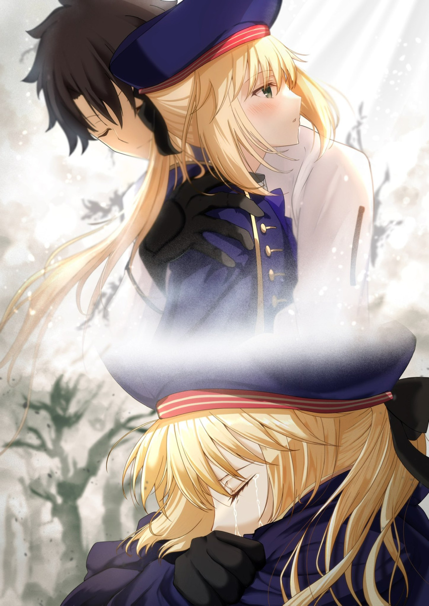 1boy 1girl artoria_caster_(fate) artoria_caster_(second_ascension)_(fate) artoria_pendragon_(fate) black_gloves black_hair black_ribbon blonde_hair blue_capelet blue_hat blush capelet closed_eyes commentary_request commission crying fate/grand_order fate_(series) fujimaru_ritsuka_(male) fujimaru_ritsuka_(male)_(decisive_battle_chaldea_uniform) gloves gold_trim green_eyes hair_ribbon hat highres hug jacket long_hair profile ribbon short_hair skeb_commission toomishou twintails white_jacket