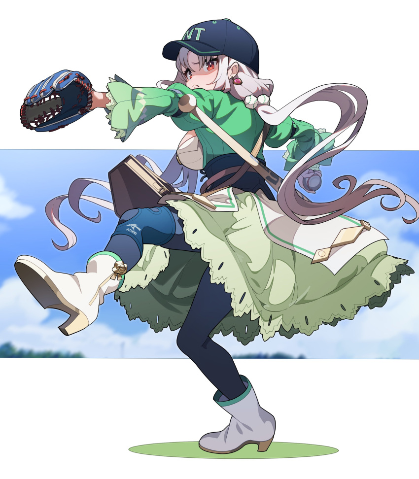 1girl absurdres baseball baseball_cap baseball_mitt boots character_request closed_mouth commentary_request copyright_request dress green_shirt hair_ornament hat high_heel_boots high_heels highres long_hair nishiki_kazue orange_eyes shirt solo throwing