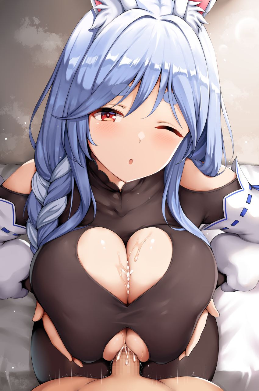 1boy 1girl ;o absurdres animal_ears blue_hair blush breasts breasts_squeezed_together censored cum cum_on_body cum_on_breasts hetero highres holoive hololive long_hair looking_at_viewer mature_female mosaic_censoring one_eye_closed open_mouth paizuri pekomama penis pov rabbit_ears red_eyes renetan solo_focus thick_eyebrows virtual_youtuber