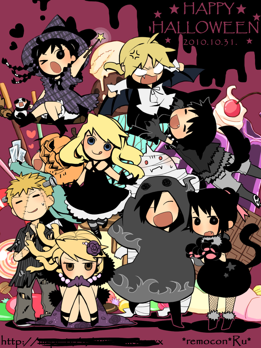 4girls :3 alphonse_elric angry bad_id bad_pixiv_id bandages black_hair blonde_hair blue_eyes chibi dress edward_elric food fullmetal_alchemist halloween hat highres jean_havoc lan_fan ling_yao maes_hughes may_chang multiple_boys multiple_girls open_mouth panda paws ponytail riza_hawkeye roy_mustang ru_(xremotex) stitches tail winry_rockbell witch_hat wolf_tail xiao-mei