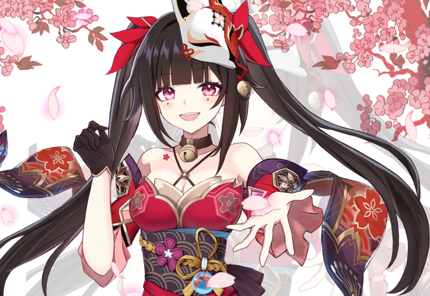 1girl :d bare_shoulders bell black_choker black_gloves black_hair black_sash choker commentary_request criss-cross_halter detached_sleeves dress fox_mask gangshangguang_(smjy5842) gloves halterneck highres honkai:_star_rail honkai_(series) jingle_bell long_hair looking_at_viewer mask mask_on_head neck_bell o-ring obi open_mouth petals pink_eyes red_dress sash short_sleeves single_glove smile sparkle_(honkai:_star_rail) twintails upper_body very_long_hair zoom_layer