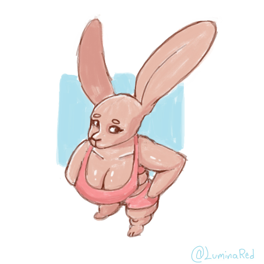 anthro big_breasts bird's-eye_view bottomwear breasts cleavage clothed clothing digital_media_(artwork) female fully_clothed hi_res high-angle_view lagomorph leporid luminared mammal rabbit shirt shorts sketch solo tank_top topwear