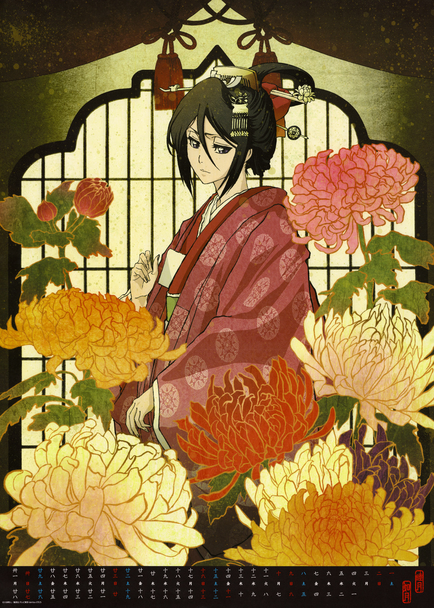 absurdres black_hair bleach chrysanthemum comb flower highres japanese_clothes kimono kuchiki_rukia solo