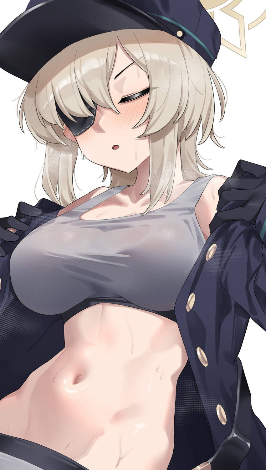 1girl absurdres belt black_coat black_gloves black_hat blue_archive blush breasts breath closed_eyes coat crop_top eyepatch gloves grey_panties grey_shirt halo hat highres large_breasts light_brown_hair medium_hair navel open_mouth panties shirt sidelocks simple_background solo suou_(blue_archive) sweat tank_top underwear undressing upper_body wakamepiza white_background