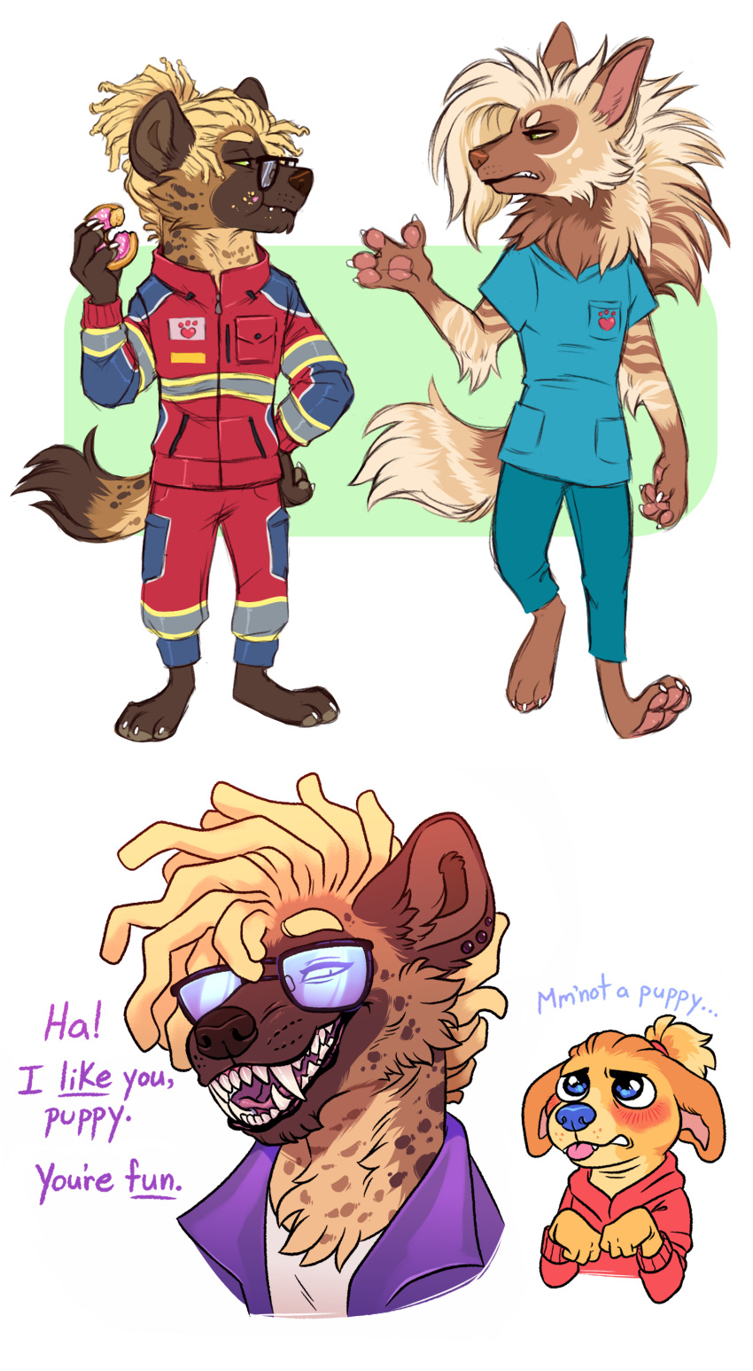 2021 absurd_res ambiguous_gender anthro biped blue_eyes blush brown_body brown_fur canid canine canis claws clothed clothing dialogue domestic_dog duo english_text eye_contact eyewear feet female_(lore) fur fuzzbutts_(lopoddity) glasses handpaw hi_res holding_donut hyena looking_at_another lopoddity male mammal mason_fletcher multiple_images pawpads paws savannah_(fuzzbutts) sharp_teeth simple_background smile spotted_hyena standing striped_hyena sunglasses tan_body tan_fur teeth text virgil_(fuzzbutts) white_background