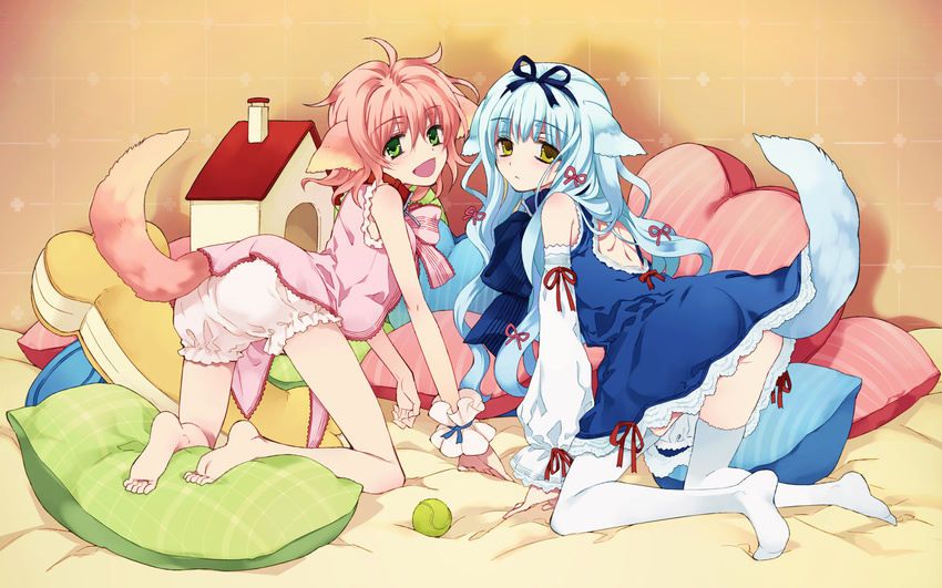 :&lt; :d animal_ears ball barefoot bloomers blue_hair dog_ears dog_tail doghouse feet green_eyes hair_ribbon highres lily_(wanko) looking_back multiple_girls ninomoto no_panties open_mouth pillow pink_hair ribbon smile tail tennis_ball thighhighs underwear wallpaper wanko wanko_to_lily wrist_cuffs yellow_eyes