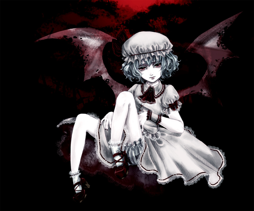 ascot bad_id bad_pixiv_id bloomers blue_hair colored_eyelashes dark dress expressionless eyelashes frills gathers hat high_contrast highres lace lips maika_(appoo) mary_janes nail_polish pale_skin remilia_scarlet shoes short_hair short_sleeves socks solo touhou underwear vampire wrist_cuffs