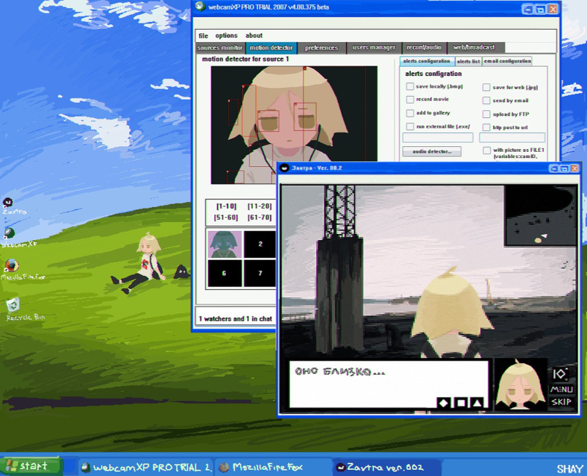 bliss_(image) blonde_hair green_background grey_shirt highres li_shay original russian_text shirt tagme windows_xp yellow_eyes