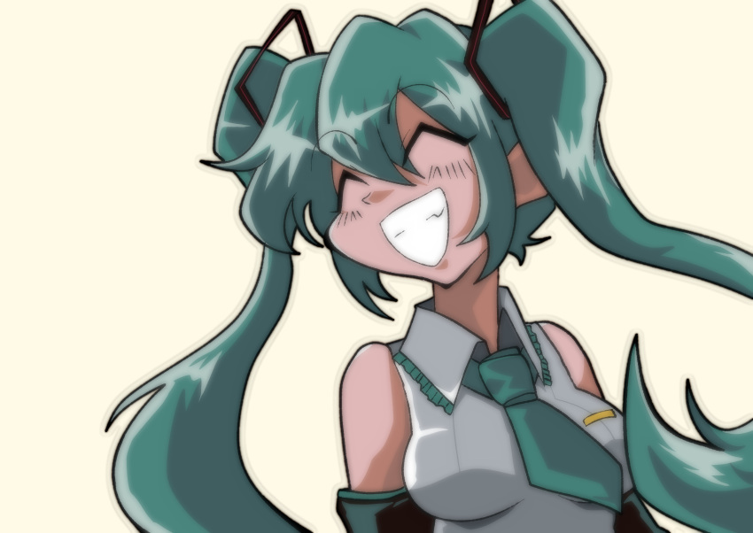 1990s_(style) 1girl ^_^ black_sleeves blue_hair blue_necktie breasts closed_eyes collared_shirt commentary_request detached_sleeves frilled_shirt_collar frills grey_background grin hair_between_eyes hair_ornament hatsune_miku highres long_bangs medium_breasts miwijag1997 necktie retro_artstyle shirt simple_background sleeveless sleeveless_shirt smile solo twintails upper_body vocaloid white_shirt