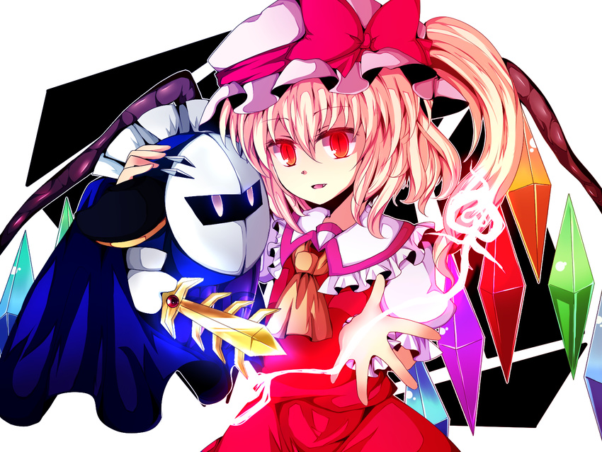 bad_id bad_pixiv_id cape creature crossover flandre_scarlet galaxia_(sword) hat highres kirby_(series) kuroi_paseri mask meta_knight red_eyes shoulder_pads side_ponytail slit_pupils sword touhou wallpaper weapon yellow_eyes