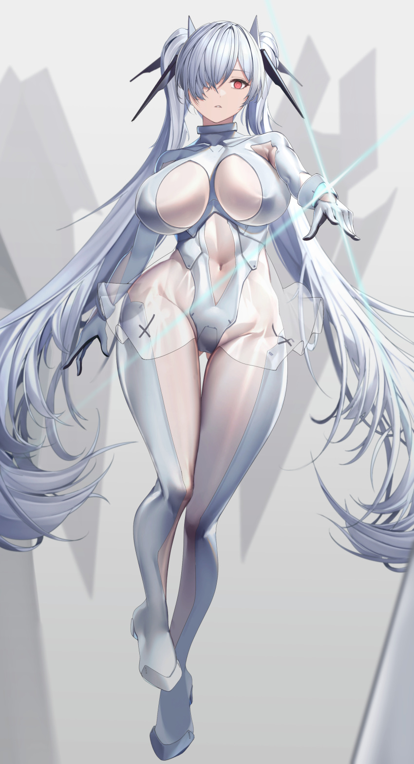 1girl absurdres armored_leotard bodysuit breasts cinderella_(nikke) empty_eyes full_body goddess_of_victory:_nikke grey_bodysuit grey_hair hair_over_one_eye highres horns large_breasts long_bangs long_hair looking_at_viewer mechanical_horns mokuren_(mozukukirai88) one_eye_covered parted_lips red_eyes see-through see-through_skirt skirt solo thigh_gap twintails very_long_hair white_bodysuit