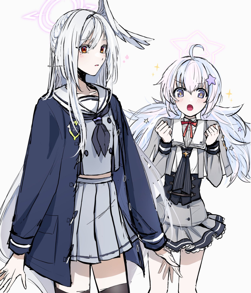 2girls ahoge black_neckerchief black_thighhighs blue_archive blush clenched_hands cosplay costume_switch grey_background grey_hair grey_skirt hair_ornament halo head_wings highres long_hair long_sleeves multicolored_hair multiple_girls neckerchief open_clothes open_mouth pasta_bar415 pink_hair pleated_skirt reisa_(blue_archive) reisa_(blue_archive)_(cosplay) sailor_collar school_uniform serafuku simple_background single_head_wing skirt sparkle star_(symbol) star_hair_ornament suzumi_(blue_archive) suzumi_(blue_archive)_(cosplay) thighhighs twintails twitter_username very_long_hair white_sailor_collar wings