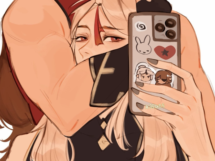 2girls beidou_(genshin_impact) blonde_hair brown_hair fingerless_gloves genshin_impact gloves grey_nails heart holding holding_phone meme multiple_girls muscular muscular_female ningguang_(genshin_impact) phone red_eyes xi6ans yuri