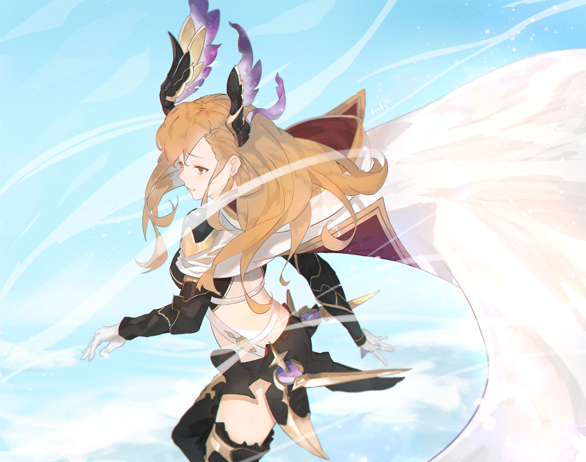 1girl \||/ armor artist_name backless_outfit black_shorts black_thighhighs blue_sky brown_eyes brown_hair cape capelet fishofthelakes floating_clothes floating_hair gloves granblue_fantasy hair_ornament highres hood hooded_cape long_hair long_sleeves parted_lips pauldrons shorts shoulder_armor sky solo thighhighs tweyen_(granblue_fantasy) white_capelet white_gloves