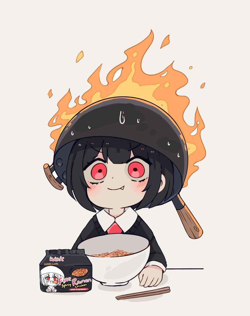 1girl absurdres black_hair black_sweater bob_cut bowl burning chopsticks closed_mouth collared_shirt commentary dress_shirt english_commentary fang fire food hand_on_table highres hot instant_ramen looking_at_viewer mai_(melonbread) melonbread necktie noodles original pot_on_head ramen red_eyes red_necktie school_uniform shirt short_hair simple_background sitting smile solo spicy sweat sweater table v-shaped_eyebrows white_background white_shirt wok