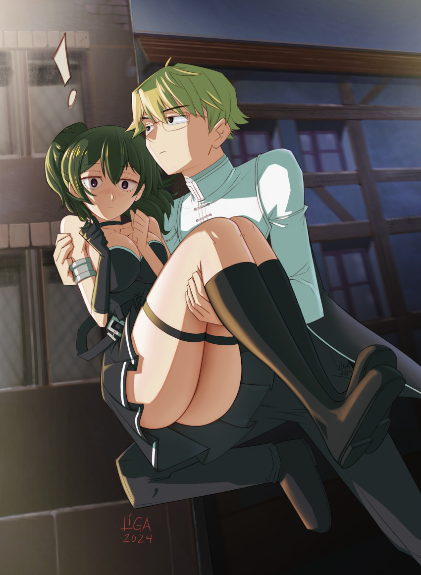 ! 1boy 1girl absurdres armlet artist_name black_dress black_footwear black_gloves black_pants blonde_hair blush boots breasts carrying choker closed_mouth commentary dated dress english_commentary frown glasses gloves green_hair hetero highres inisipis jacket land_(sousou_no_frieren) long_sleeves looking_at_viewer looking_to_the_side medium_breasts medium_hair night outdoors pants princess_carry purple_eyes running short_dress short_hair side_ponytail signature single_glove sleeveless sleeveless_dress sousou_no_frieren thigh_strap ubel_(sousou_no_frieren) white_jacket