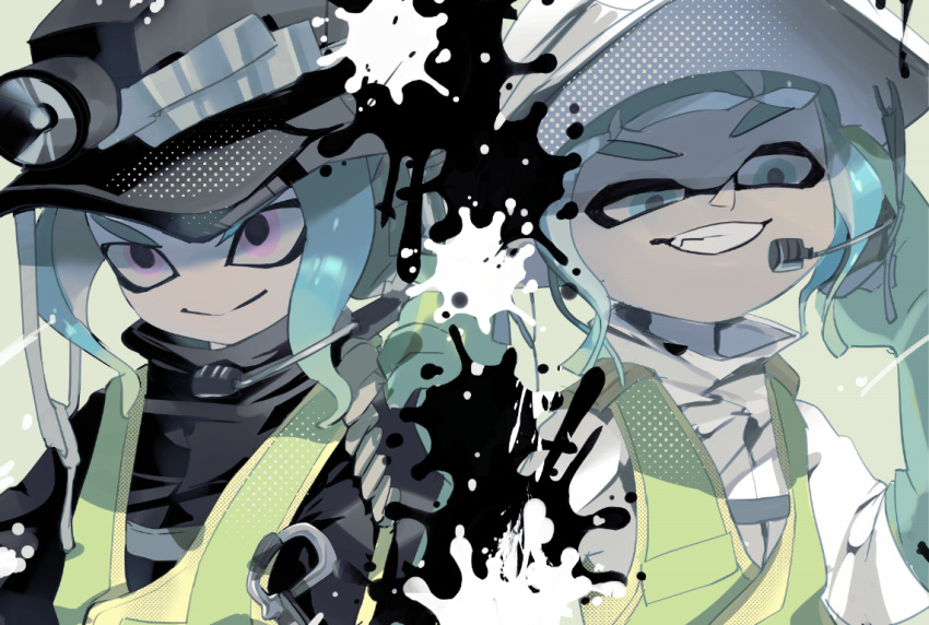 1boy 1girl aqua_gloves black_helmet black_jumpsuit blue_eyes blue_hair closed_mouth duct_tape elbow_gloves gloves gradient_hair green_hair grin hand_up headset high-visibility_vest inkling inkling_girl inkling_player_character jumpsuit koike3582 light_blue_hair mining_helmet multicolored_hair octoling octoling_boy octoling_player_character paint_splatter pink_eyes rubber_gloves salmon_run_(splatoon) short_hair smile splatoon_(series) teeth tentacle_hair two-tone_hair uneven_eyes v-shaped_eyebrows white_helmet white_jumpsuit