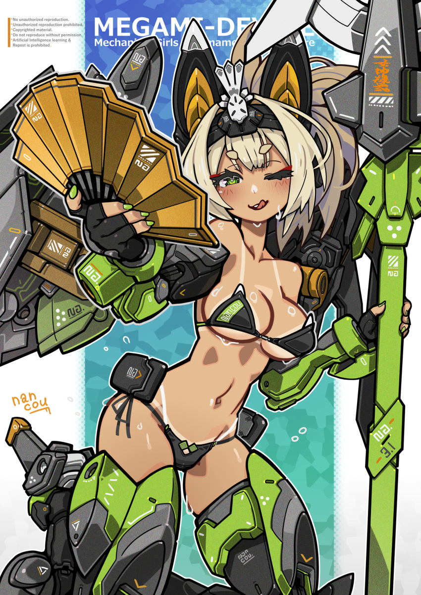 1girl armored_boots bikini black_bikini blonde_hair boots breasts fingerless_gloves gloves green_eyes hand_fan high_ponytail highres holding holding_weapon licking_lips looking_at_viewer mecha_musume mechanical_ears medium_breasts medium_hair megami_device nancou_(nankou) navel one_eye_closed solo standing strapless strapless_bikini swimsuit tan tanlines tongue tongue_out weapon