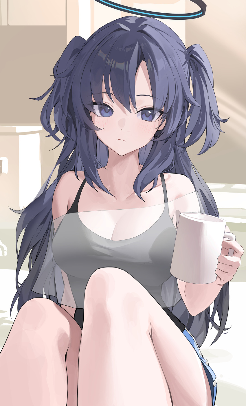 1girl :/ absurdres alternate_costume bare_shoulders black_camisole blue_archive breasts camisole coffee_mug cup hair_between_eyes halo highres holding holding_cup indoors knees_up large_breasts light_blush long_hair looking_at_viewer mug purple_eyes purple_hair see-through sitting solo two_side_up very_long_hair yo_owl yuuka_(blue_archive)