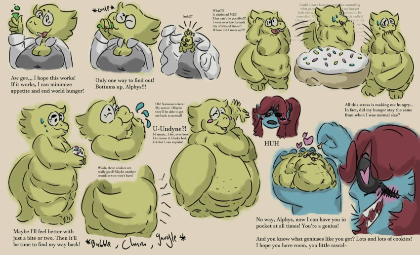 alphys anthro blue_body buckteeth clothing coat comic dialogue duo expansion eye_patch eyewear eyewear_only feeding female female/female fish glasses glasses_only growth heart_eyes heart_symbol hi_res hyper inflation lab_coat laboratory lizard marine micro nerd nervous nervous_smile nibblyknuckles nipples nude obese overweight potion potion_bottle reptile rumbling_stomach scalie scientific_experiment sequence sharp_teeth shrinking size_difference size_transformation smile sound_effects speech_bubble stuffing teeth text topwear transformation undertale_(series) undyne wearing_glasses worried yellow_body