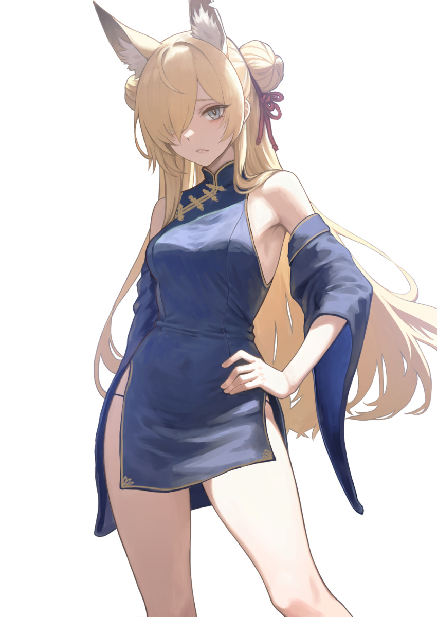 1girl alternate_costume animal_ear_fluff animal_ears blonde_hair blue_archive blue_dress blue_eyes blue_sleeves breasts bright_pupils china_dress chinese_clothes closed_mouth commentary_request contrapposto detached_sleeves dog_ears double_bun dress extra_ears feet_out_of_frame hair_bun hair_over_one_eye hair_ribbon hand_on_own_hip highres kanna_(blue_archive) light_frown long_hair looking_at_viewer medium_breasts nito_(nshtntr) no_halo one_eye_covered red_ribbon ribbon short_dress side_slit simple_background sleeveless sleeveless_dress solo standing very_long_hair white_background white_pupils wide_sleeves