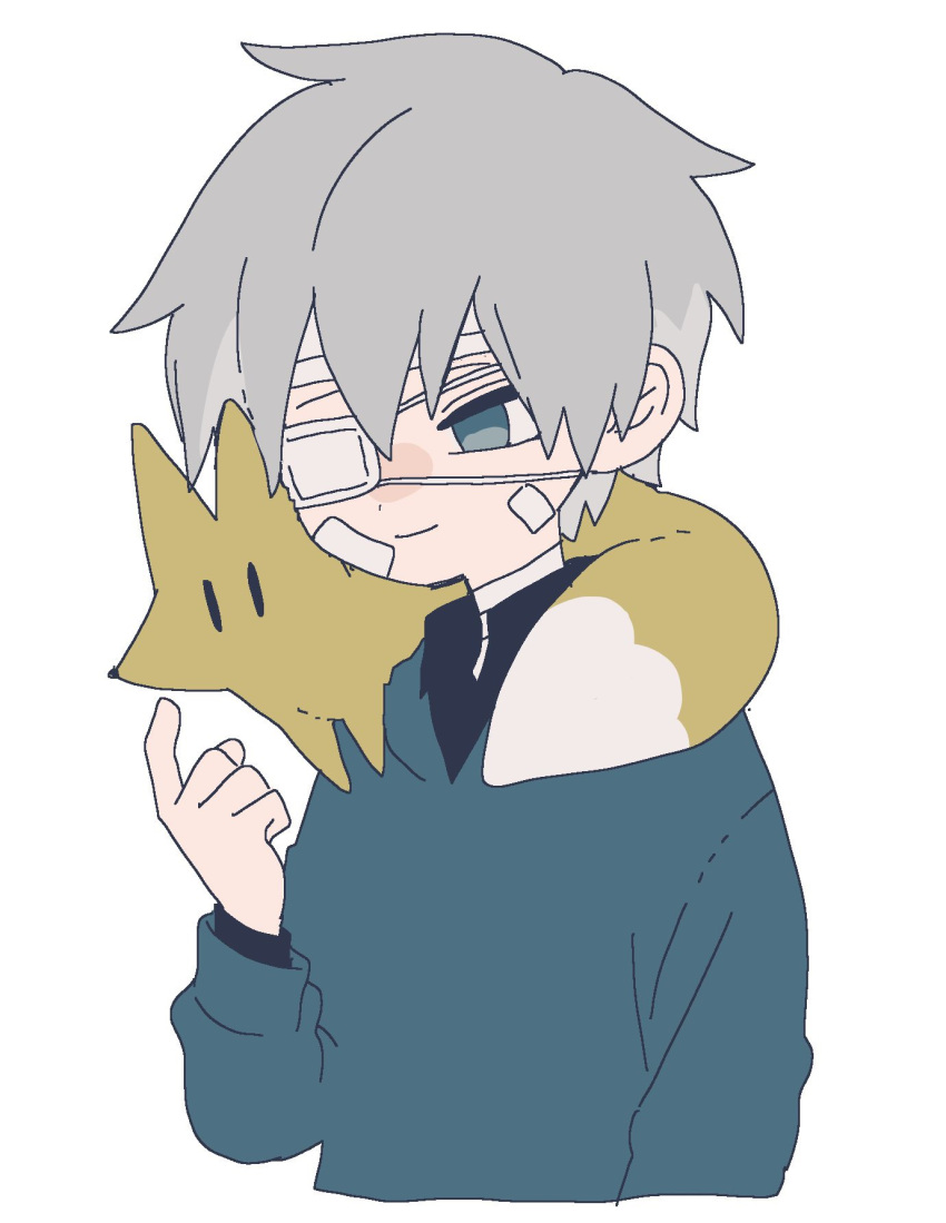 1boy animal animal_on_shoulder bandaged_head bandages bandaid bandaid_on_face blue_eyes cropped_torso eyepatch fox grey_hair highres jacket long_sleeves maco22 male_focus medical_eyepatch original short_hair smile solo