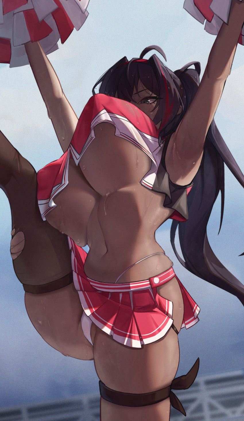 1girl absurdres armpits bandaid_on_thigh bay_(nikke) black_hair breasts cheerleader crop_top crop_top_overhang full_body goddess_of_victory:_nikke grey_eyes highres holding holding_pom_poms jiang_(kplrt_07) large_breasts leg_up pom_pom_(cheerleading) red_hair red_streaks sky solo spread_legs stomach sweat sweaty_armpits torn_clothes torn_socks two-tone_skirt underboob