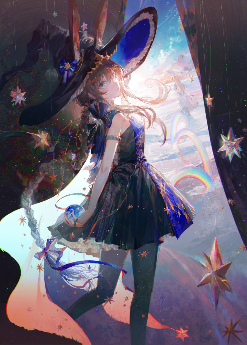 2girls absurdres ambience_synesthesia amiya_(arknights) animal_ears arknights back_bow black_bow black_dress black_hat black_pantyhose blue_bow blue_eyes blue_ribbon blue_sky bow brown_hair closed_mouth cloud commentary_request curtains daylightallure dress ears_through_headwear feet_out_of_frame frilled_headwear hair_bow hand_on_headwear hat hat_bow highres holding_orb jewelry long_braid long_hair looking_at_viewer looking_back multiple_girls multiple_rings ocean official_alternate_costume pantyhose rabbit_ears rabbit_girl rainbow ribbon ring sky sleeveless sleeveless_dress smile star_(symbol) theresa_(arknights) very_long_hair water white_hair witch_hat