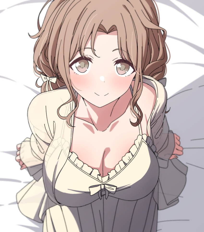 1girl arimon_(dfrgty12) arm_support bed_sheet blush bow breasts brown_hair cleavage collarbone dress from_above hair_bow highres ichikawa_hinana idolmaster idolmaster_shiny_colors jacket large_breasts looking_at_viewer see-through see-through_jacket smile solo white_dress white_jacket