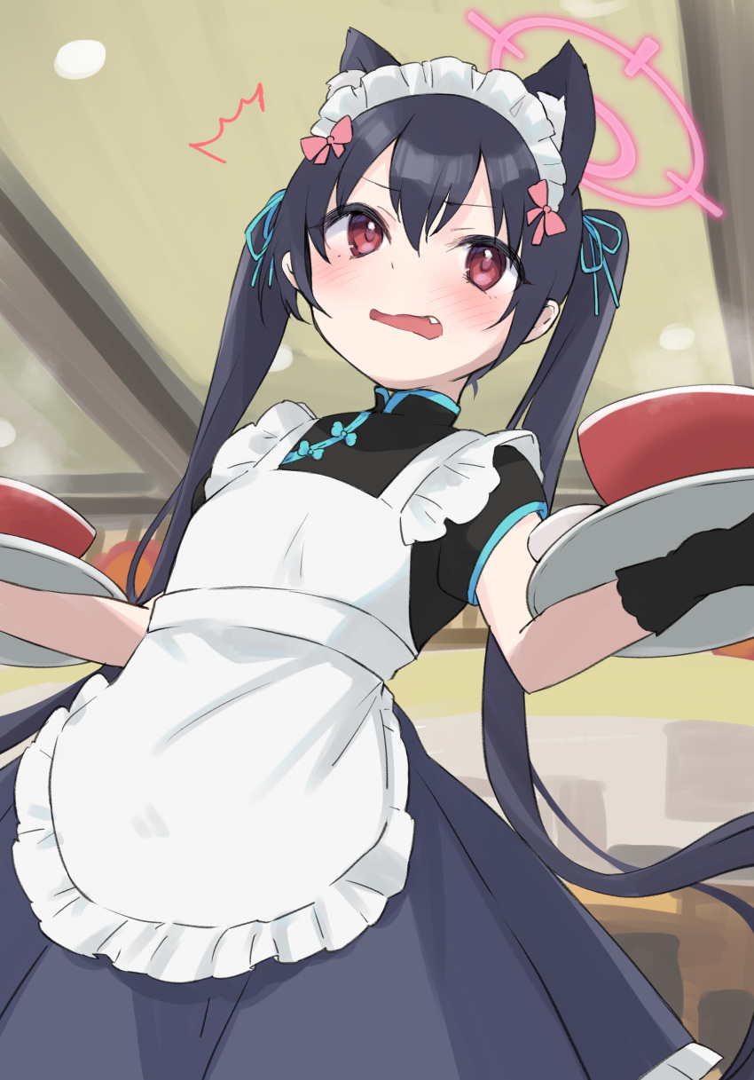 1girl ^^^ animal_ear_fluff animal_ears apron black_dress black_gloves black_hair blue_archive blue_ribbon blush china_dress chinese_clothes commentary_request dress fang frilled_apron frilled_dress frills from_below gloves gucchiann hair_between_eyes hair_ribbon halo highres holding holding_tray indoors long_hair maid maid_apron maid_headdress open_mouth pleated_dress puffy_short_sleeves puffy_sleeves red_eyes ribbon serika_(blue_archive) short_sleeves solo tray twintails very_long_hair wavy_mouth white_apron