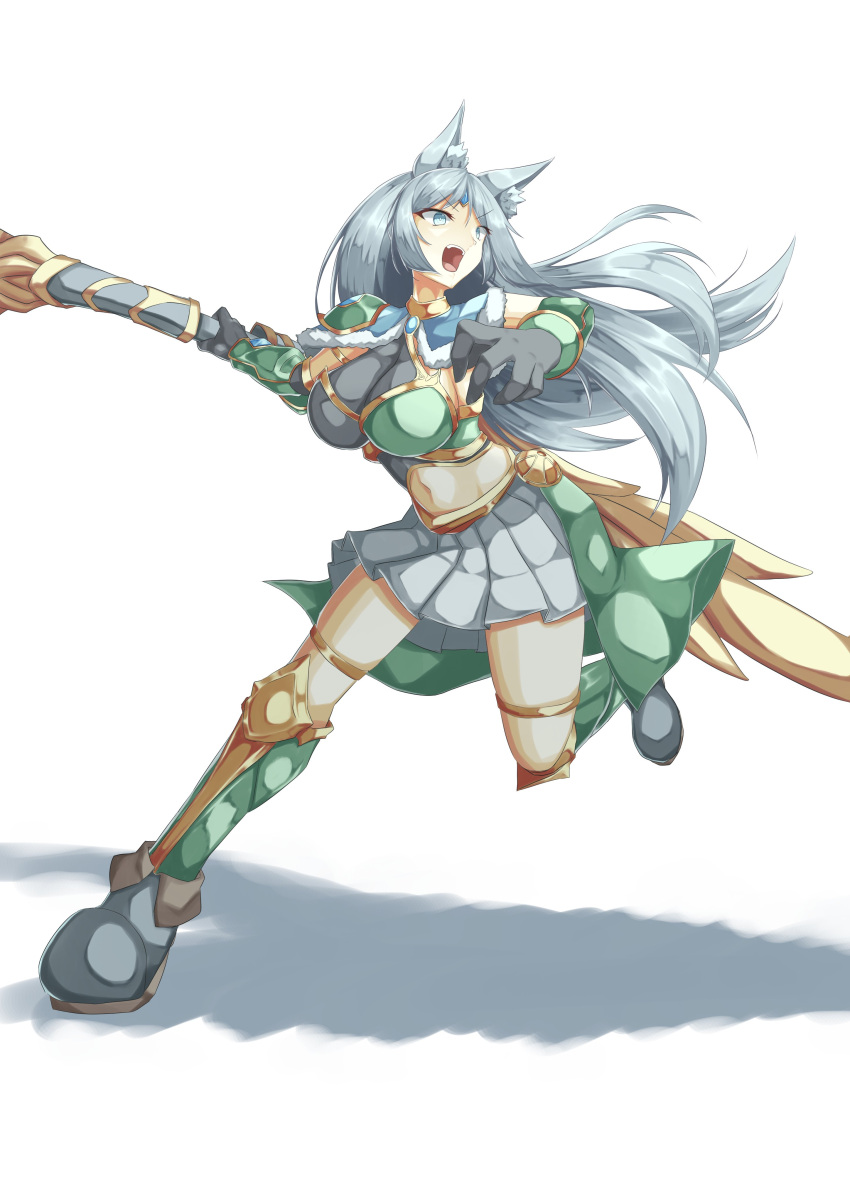 1girl absurdres animal_ears apollousa_bow_of_the_goddess armored_boots asymmetrical_clothes boots bow_(weapon) breasts cleavage crop_top duel_monster full_body gauntlets grey_eyes grey_hair highres holding holding_bow_(weapon) holding_weapon large_breasts midriff navel ne_(nu_kazuya) sideboob skirt sleeveless solo weapon white_skirt yu-gi-oh!