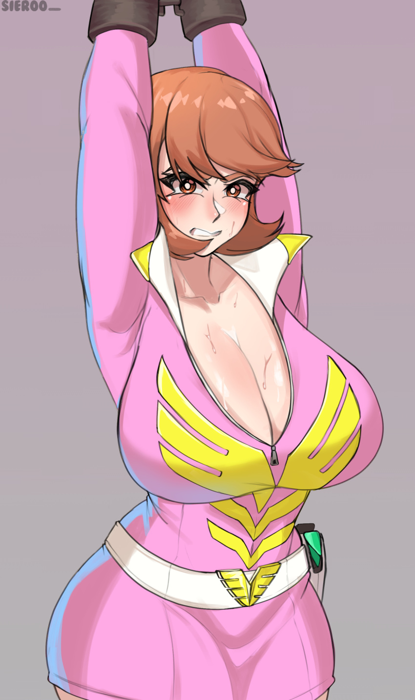 1girl absurdres alternate_breast_size arms_up artist_name belt blush bound bound_wrists breasts bright_pupils brown_hair cleavage collarbone cowboy_shot dress eyelashes grey_background highres huge_breasts long_sleeves looking_at_viewer medium_hair official_alternate_costume persona persona_3 persona_4:_the_ultimate_in_mayonaka_arena persona_4:_the_ultimax_ultra_suplex_hold pink_dress short_dress sieroo simple_background solo sweatdrop swept_bangs takeba_yukari unfinished v-shaped_eyebrows white_belt white_pupils zipper