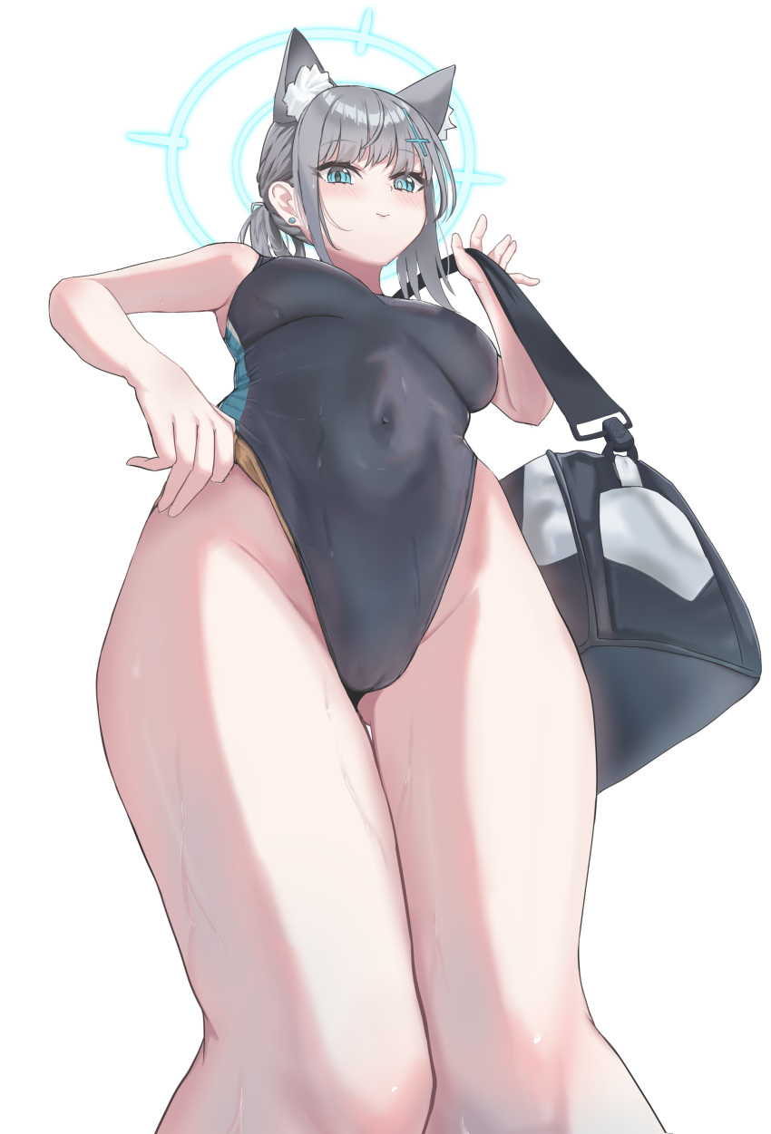 1girl absurdres animal_ear_fluff animal_ears black_one-piece_swimsuit blue_archive blue_eyes breasts competition_swimsuit covered_navel cross_hair_ornament extra_ears from_behind grey_hair hair_ornament halo highres looking_at_viewer low_ponytail medium_breasts medium_hair milkcandyer mismatched_pupils multicolored_clothes multicolored_swimsuit official_alternate_costume one-piece_swimsuit perspective shiroko_(blue_archive) shiroko_(swimsuit)_(blue_archive) simple_background solo swimsuit white_background wolf_ears