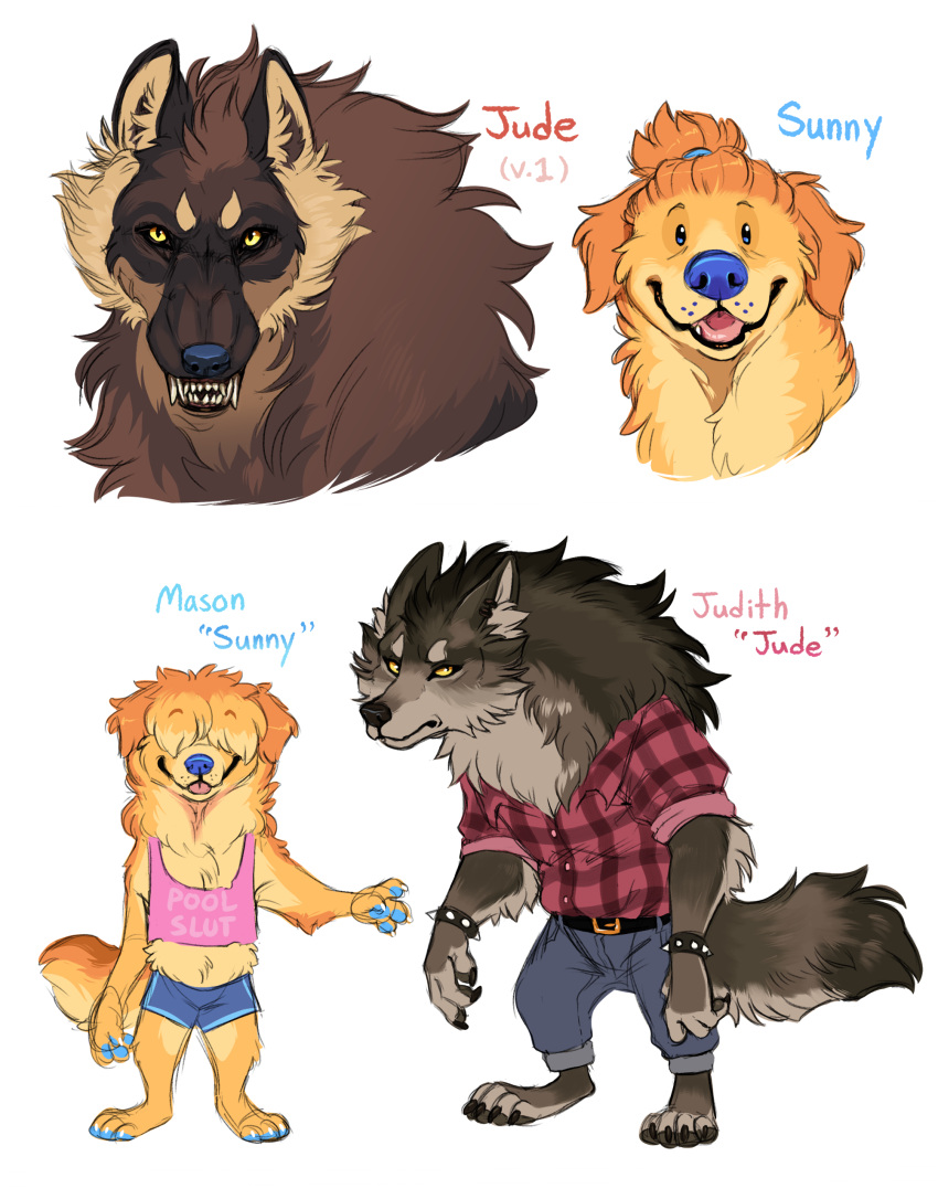 2021 absurd_res ambiguous_gender anthro biped bird_dog blue_nose brother_(lore) brother_and_sister_(lore) brown_body brown_fur canid canine canis clothed clothing digital_drawing_(artwork) digital_media_(artwork) domestic_dog duo female_(lore) fur fuzzbutts_(lopoddity) golden_retriever hair hair_over_eyes handpaw hi_res hunting_dog judith_fletcher lopoddity male mammal mason_fletcher pawpads paws profanity retriever sexist_slur sharp_teeth sibling_(lore) simple_background sister_(lore) slur standing teeth text text_on_clothing white_background wolf yellow_body yellow_eyes yellow_fur