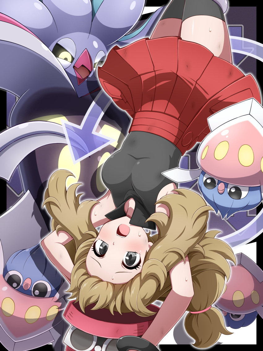 1girl :o absurdres blonde_hair blush bracelet breasts collared_shirt commentary_request evolutionary_line eyelashes grey_eyes hat highres inkay jewelry long_hair malamar open_mouth pink_hat pleated_skirt pokemon pokemon_(creature) pokemon_xy popped_collar raised_eyebrows red_skirt serena_(pokemon) shabana_may shirt sidelocks skirt sunglasses sweat teeth thighhighs upper_teeth_only upside-down white-framed_eyewear