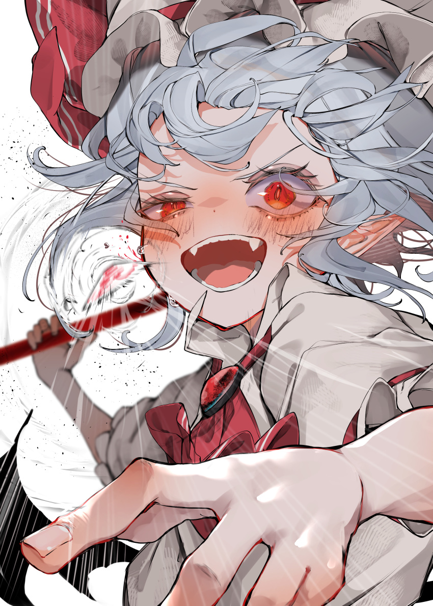 1girl :d absurdres ascot bat_wings black_wings blue_hair blush fangs fingernails hat highres looking_at_viewer mob_cap ofuda open_mouth pointy_ears red_ascot red_eyes remilia_scarlet short_hair smile solo spear_the_gungnir teeth touhou tsune_(tune) white_hat wings