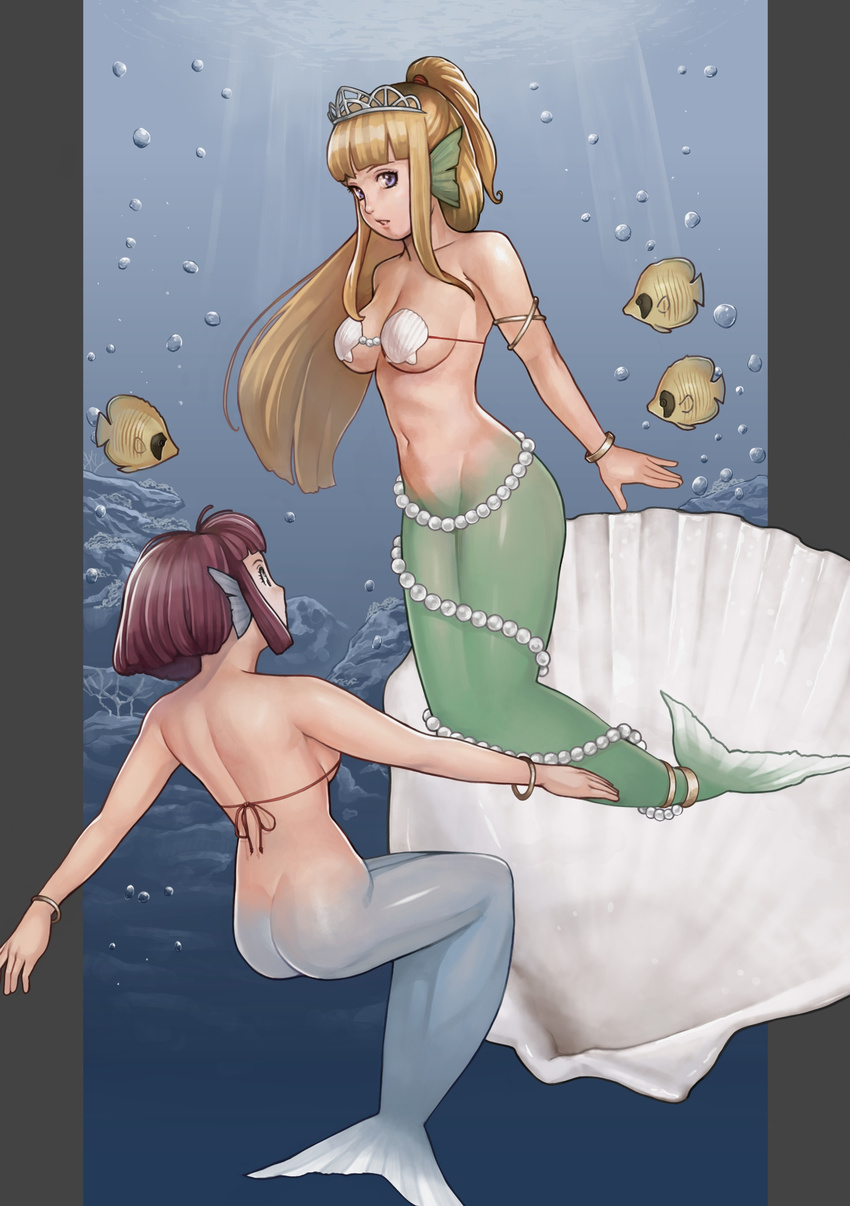 absurdres armband armlet ass back bangs blonde_hair blunt_bangs bracelet breasts brown_eyes brown_hair bubble butt_crack butterflyfish clam coral fish groin harami_(yakitei) head_fins highres jewelry large_breasts long_hair looking_at_viewer mermaid monster_girl multiple_girls navel original parted_lips pearl pillarboxed ponytail purple_eyes seashell shell shell_bikini sideboob sidelocks tail_ring tiara underwater