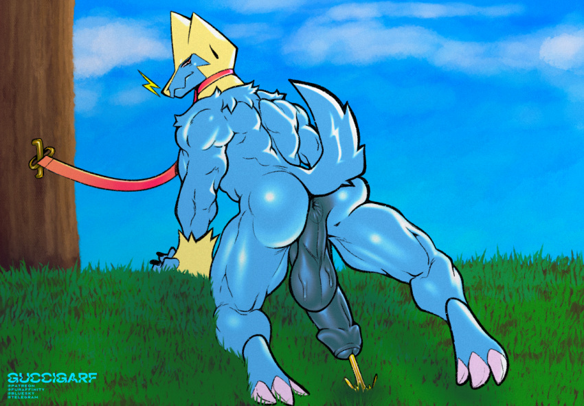 anthro anus balls big_balls big_penis blue_body bodily_fluids butt canid canine collar digital_media_(artwork) erection exhibitionism foreskin fur generation_3_pokemon genital_fluids genitals guccigarf humanoid_genitalia humanoid_penis leash male mammal manectric muscular muscular_male nintendo nude park peeing penis pokemon pokemon_(species) public raised_leg solo spread_legs spreading urine urine_stream watersports