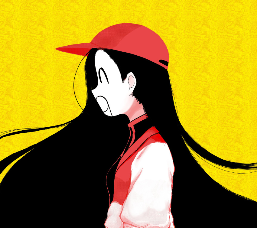 1girl ^q^ absurdres angelfaise backwards_hat baseball_cap black_hair black_shirt butcher_vanity_(synthesizer_v) hat highres jacket long_hair long_sleeves looking_to_the_side red_hat shirt simple_background synthesizer_v very_long_hair white_jacket yellow_background yi_xi_(synthesizer_v)