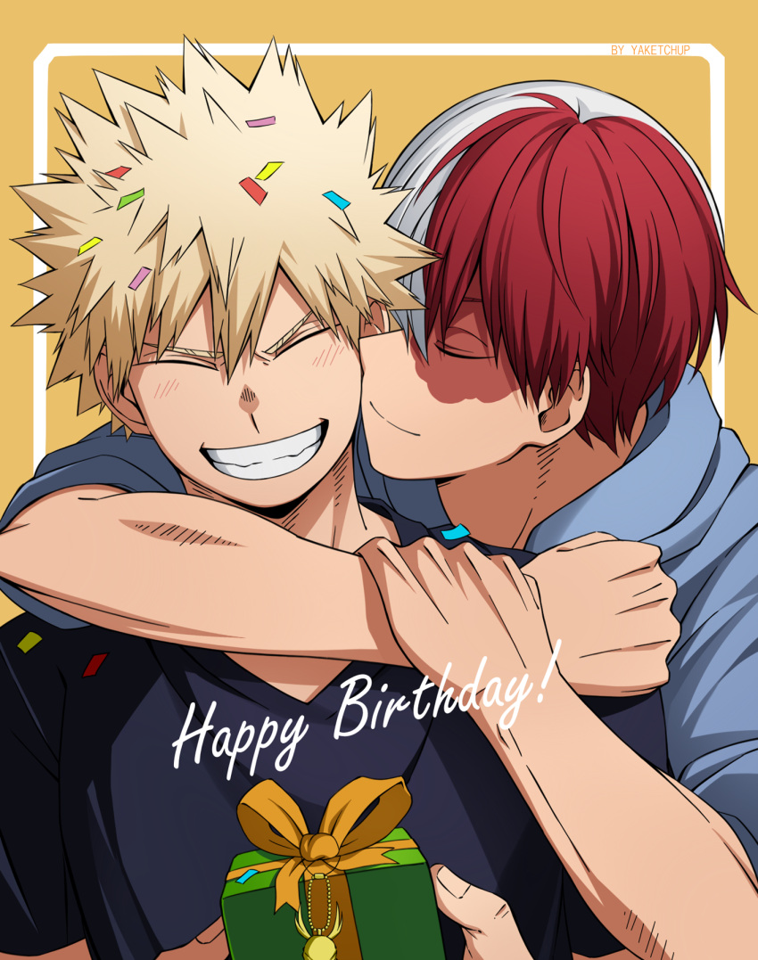 2boys artist_name bakugou_katsuki blonde_hair blue_hoodie blue_shirt blush boku_no_hero_academia border burn_scar character_charm charm_(object) closed_eyes confetti english_text gift highres holding holding_gift hood hoodie hug male_focus multicolored_hair multiple_boys red_hair ribbon scar shirt smile split-color_hair teeth todoroki_shouto upper_body white_border white_hair yaketchup yaoi yellow_background yellow_ribbon