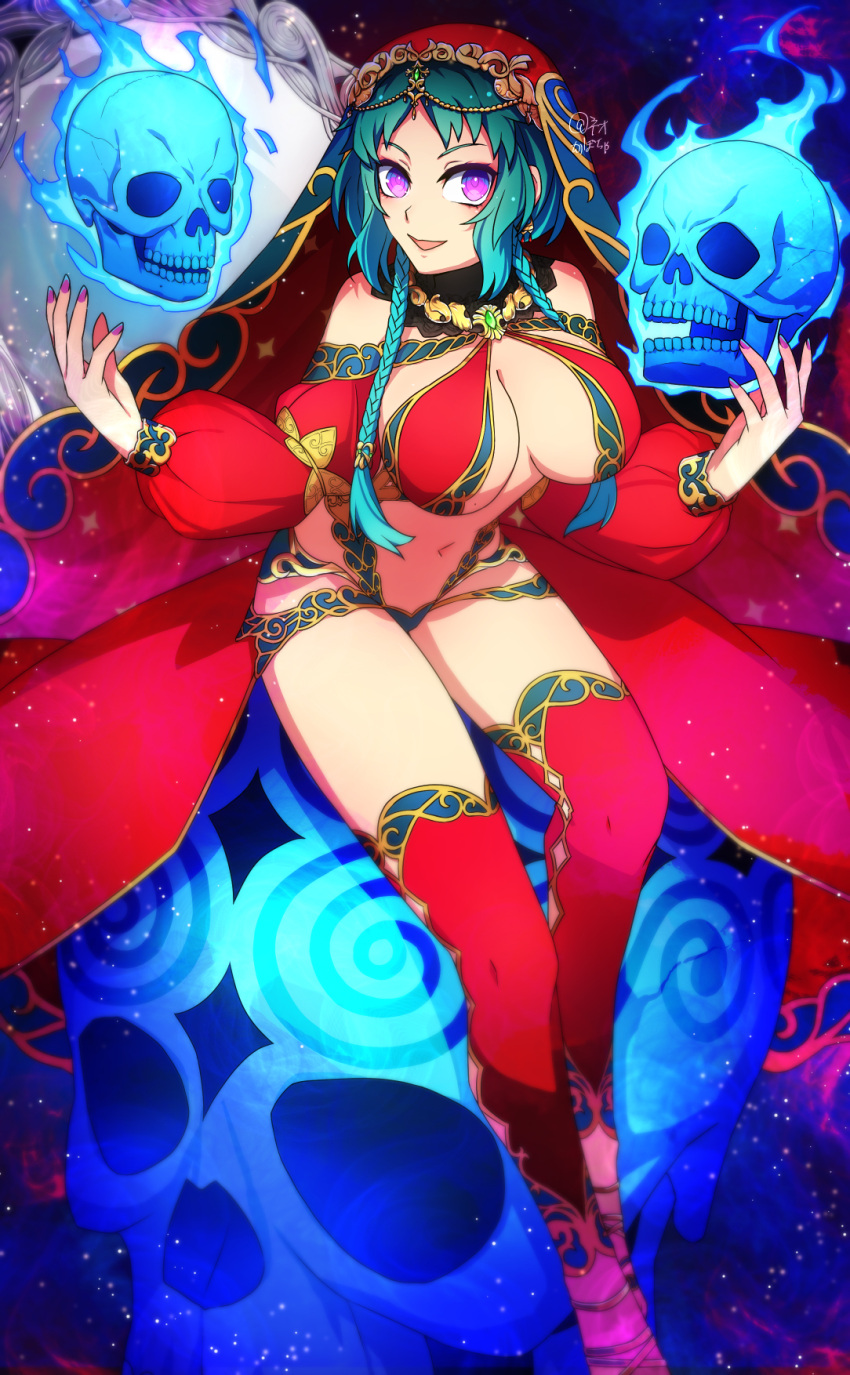 1girl :d arabian_clothes bare_shoulders bikini braid breasts cleavage commentary_request cross-laced_sandals detached_sleeves earrings fate/grand_order fate_(series) flaming_skull floating_skull full_body gem giant_skull green_gemstone green_hair harem_outfit highres jewelry large_breasts long_hair looking_at_viewer low_twin_braids navel necklace neo_kabocha no_mole open_mouth parted_bangs partial_commentary purple_eyes red_bikini red_sleeves red_thighhighs red_veil salome_(fate) sidelocks sitting skull smile solo stomach swimsuit thighhighs twin_braids veil