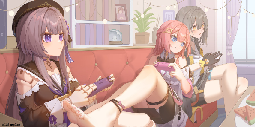 3girls absurdres ankle_strap asta_(honkai:_star_rail) barefoot black_dress black_gloves black_jacket black_shorts blush bookshelf breasts closed_mouth controller couch crossed_legs crystal_ball curtains doll_joints dress eyebrows_hidden_by_hair feet food frown fruit game_controller gloves grey_hair hair_between_eyes hair_ornament head_on_another's_shoulder herta_(honkai:_star_rail) highres holding holding_controller holding_game_controller honkai:_star_rail honkai_(series) incredibly_absurdres jacket joints legs legs_on_another's_lap long_bangs long_hair multiple_girls nail_polish on_couch open_mouth orange_hair plant portrait potted_plant purple_eyes shirt shorts signature sitting small_breasts smile soles songzzz stelle_(honkai:_star_rail) toenail_polish toenails toes trailblazer_(honkai:_star_rail) watermelon watermelon_slice white_dress white_hat white_shirt window_shadow