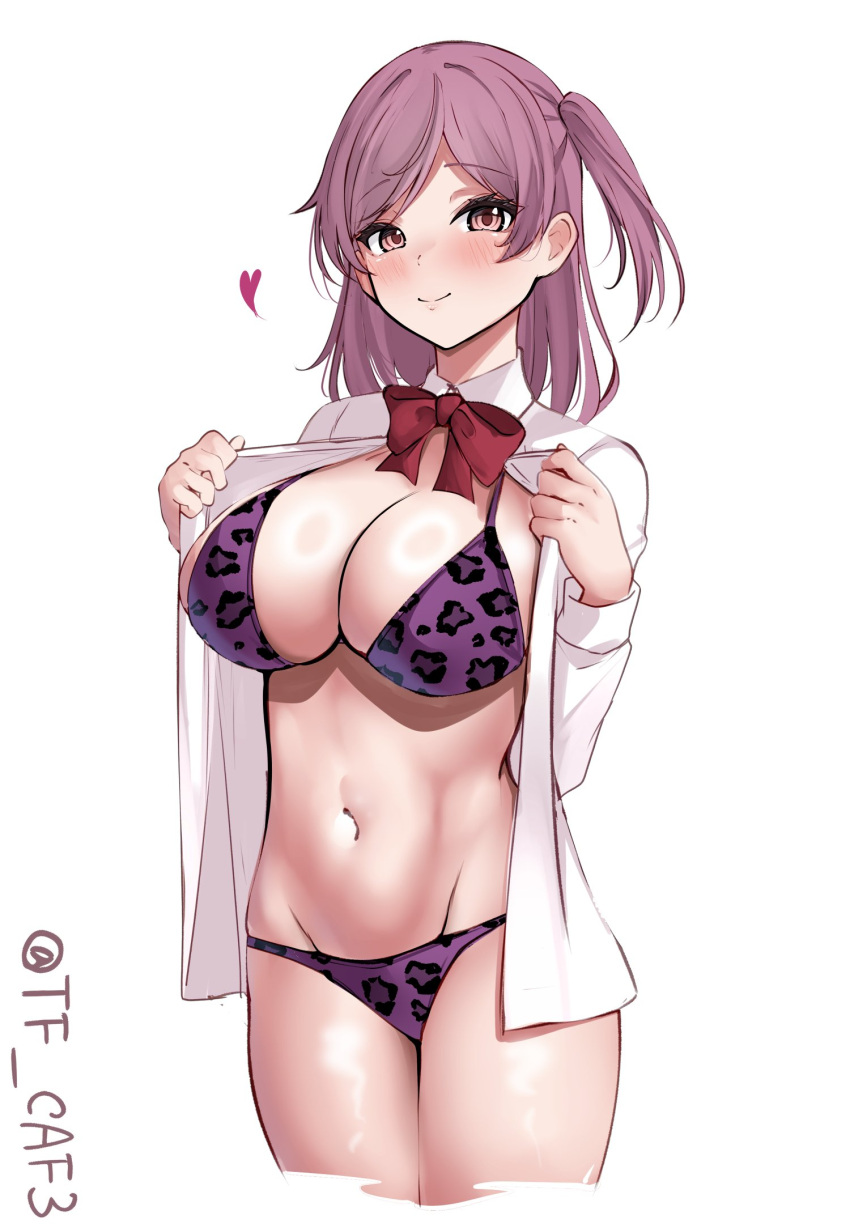 1girl alternate_costume animal_print bikini blush bow bowtie breasts cleavage closed_mouth commentary_request cowboy_shot cropped_legs hagikaze_(kancolle) highres kantai_collection large_breasts leopard_print long_sleeves looking_at_viewer medium_hair navel one-hour_drawing_challenge open_clothes open_shirt purple_bikini purple_eyes purple_hair red_bow red_bowtie simple_background smile solo swimsuit tf_cafe twitter_username white_background