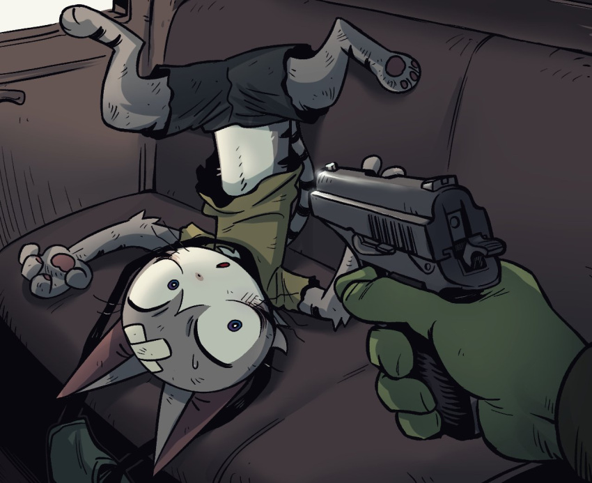 2boys :o animal_ears bandaid bandaid_on_head blue_eyes car_interior car_seat cat_boy cat_ears cat_tail child constricted_pupils digitigrade fewer_digits furry furry_male golaegun gun handgun holding holding_gun holding_weapon korean_commentary multiple_boys original pointing_gun shorts solo_focus tail upside-down weapon