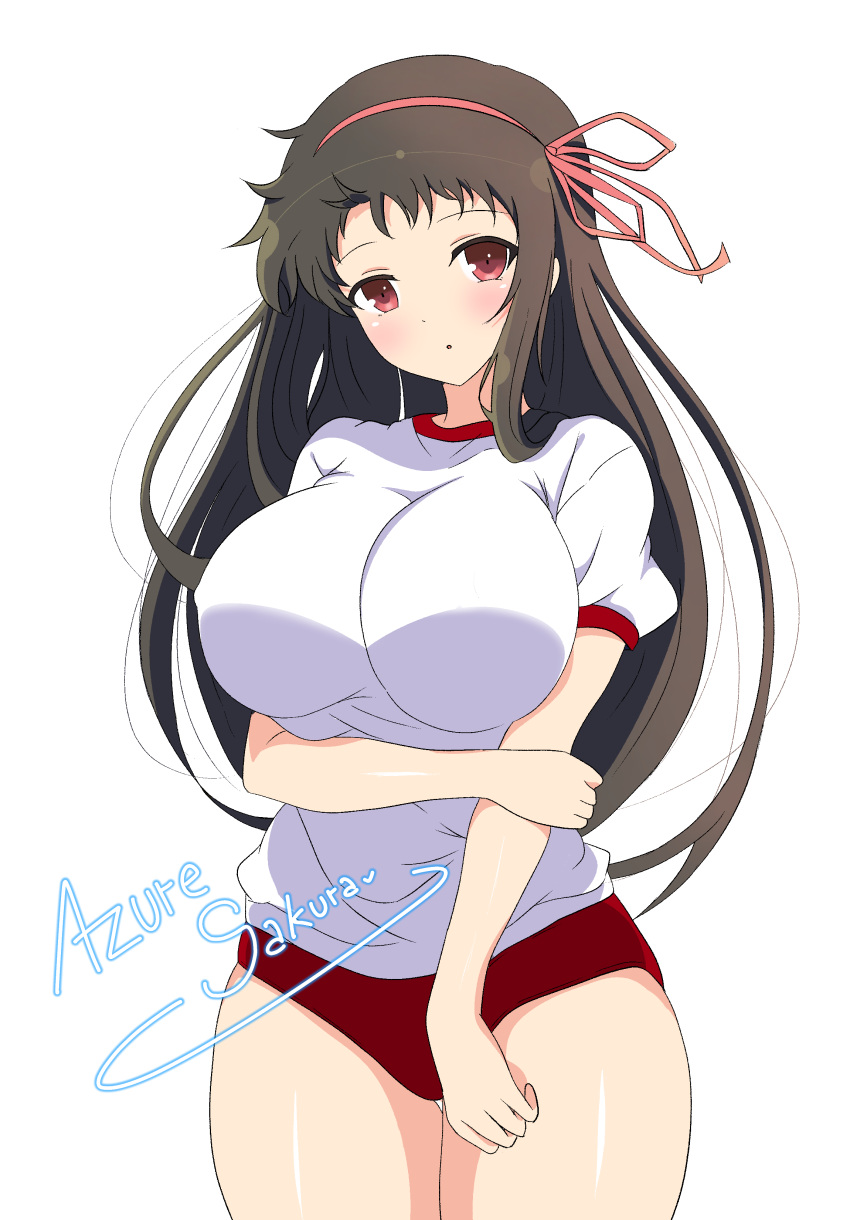 1girl :o absurdres artist_name ayame_(senran_kagura) azuresakura black_hair blush breast_hold breasts buruma grabbing_own_arm gym_shirt gym_uniform hair_ribbon highres large_breasts long_hair looking_at_viewer open_mouth pink_ribbon red_buruma red_eyes ribbon senran_kagura senran_kagura_new_wave shiny_skin shirt sidelocks signature simple_background solo thigh_gap white_background