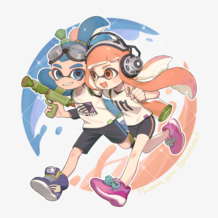 1boy 1girl :d bike_shorts black_shorts blue_eyes blue_hair blush_stickers clenched_hand commentary_request copyright_name cross-laced_footwear full_body goggles goggles_on_head grin hair_tie hand_on_another's_shoulder headphones highres holding holding_weapon ink_tank_(splatoon) inkling_boy inkling_girl inkling_player_character kyaiware layered_shirt long_hair long_sleeves looking_at_another open_mouth orange_eyes orange_hair outline pink_footwear ponytail print_shirt purple_footwear running shirt shoes short_sleeves shorts smile sneakers splatoon_(series) splatoon_1 splattershot_(splatoon) suction_cups tentacle_hair thank_you thick_eyebrows twintails very_long_hair weapon white_background white_outline white_shirt