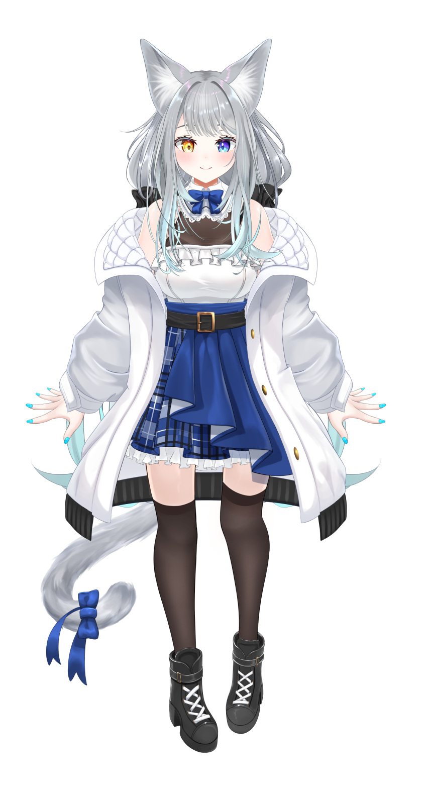 1girl absurdres animal_ear_fluff animal_ears ankle_boots aqua_hair aqua_nails bare_shoulders belt black_belt black_footwear blue_bow blue_bowtie blue_eyes blue_skirt bodysuit boots bow bowtie brown_thighhighs cat_ears cat_tail coat colored_tips fanged_bangs frilled_shirt frilled_shirt_collar frilled_skirt frills full_body gradient_hair grey_hair hair_intakes heterochromia high-waist_skirt high_heel_boots high_heels highres layered_skirt light_blush long_hair looking_at_viewer low_twintails multicolored_hair off_shoulder open_clothes open_coat original pleated_skirt shirt sidelocks simple_background skirt sleeveless sleeveless_shirt smile standing streaked_hair tachi-e tail tail_bow tail_ornament thighhighs tsuri_pi twintails very_long_hair white_background white_coat white_shirt yellow_eyes